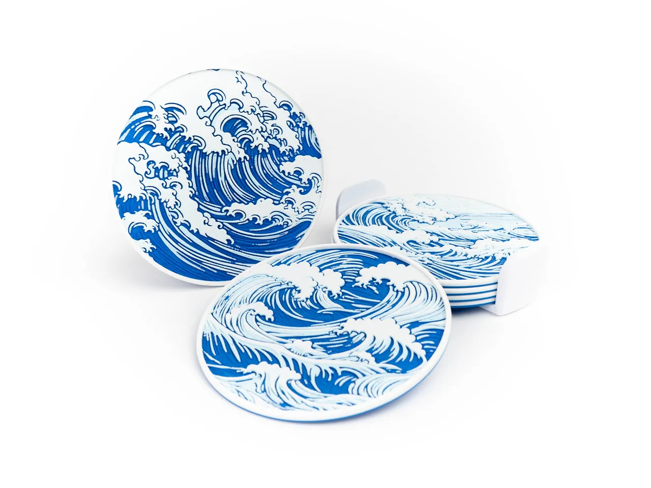 Set 6 Sottobicchieri “Onda” – Stile Hokusai con Portasottobicchieri