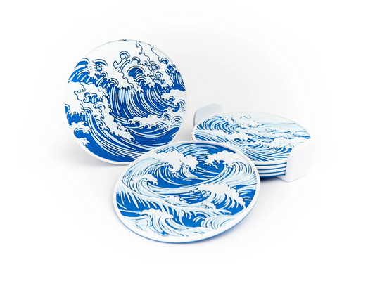 Set 6 Sottobicchieri “Onda” – Stile Hokusai con Portasottobicchieri